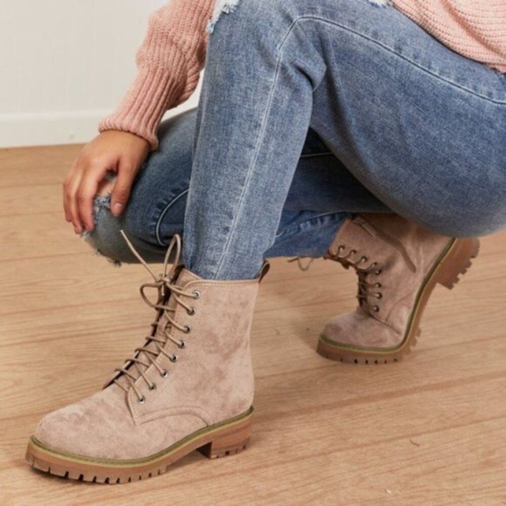 "Best of Luck" Khaki Combat Lace-up Suedette Booties